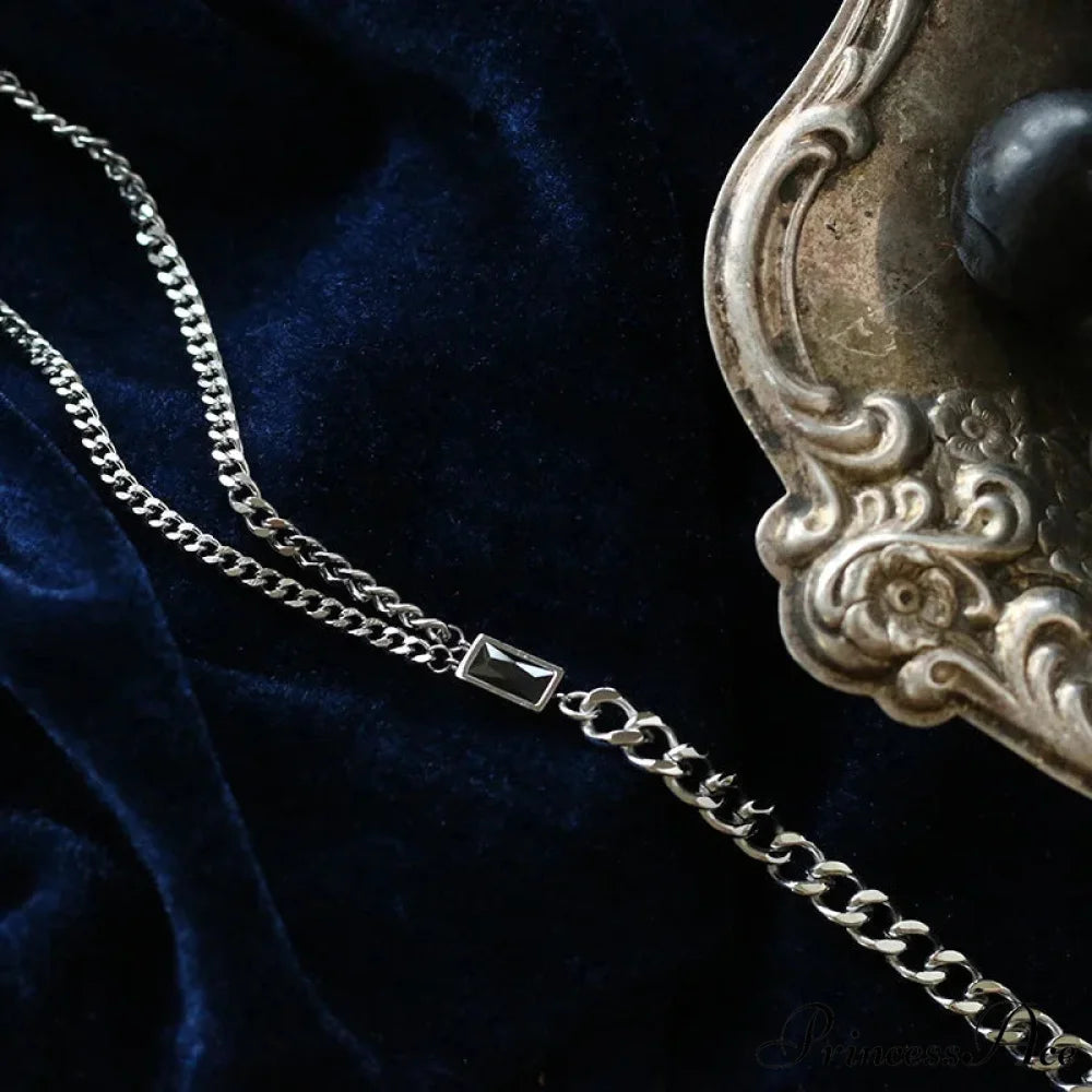 Zircon Double Chain Necklace Silver / 42CM plus 4CM