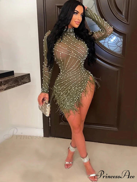 Znaiml Feather Mesh Party Dress green dress / S