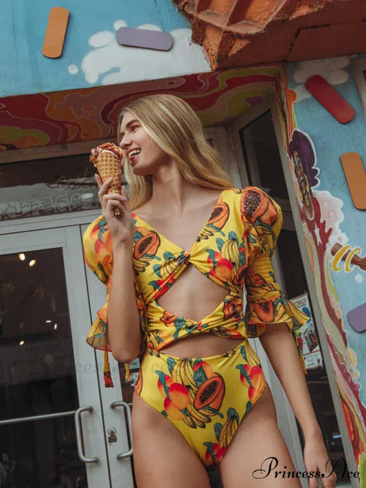 ZRTAK Partial Sleeve Monokini Cut-out Swimsuit Single Piece YE1 / S onepiece-250223