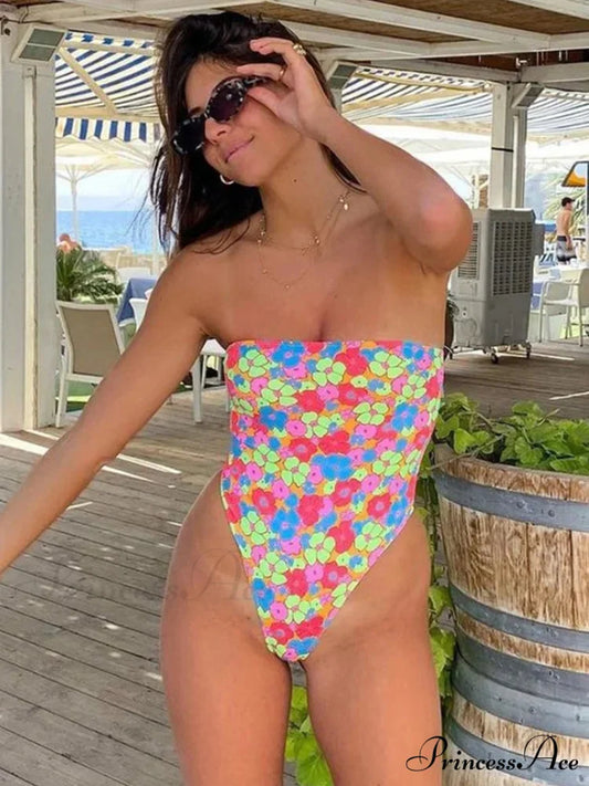 ZRTAK String Bodysuit Pattern Swimsuit Single Piece PINK / S onepiece-250223