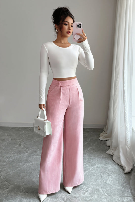 Button Waist Patchwork Wide Leg Pants