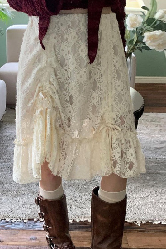 Ruched Lace Patchwork Midi Skirt