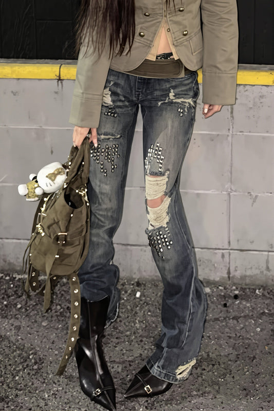 Rivet Spliced Ripped Vintage Washed Jeans