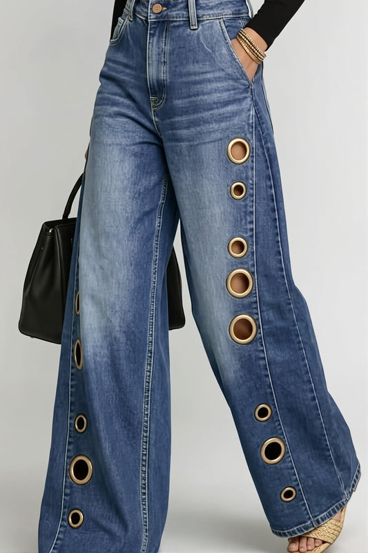 Grommet-Detail Wide-Leg Jeans
