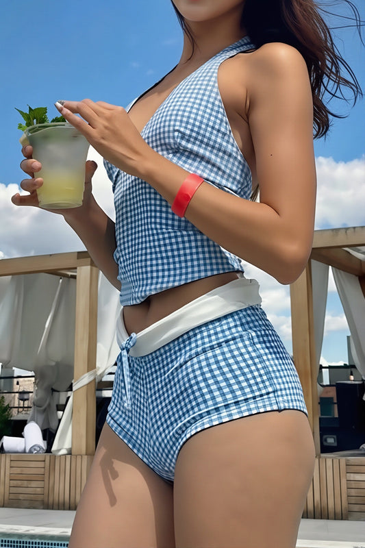 Contrast Plaid Halter Two Piece Swim Set