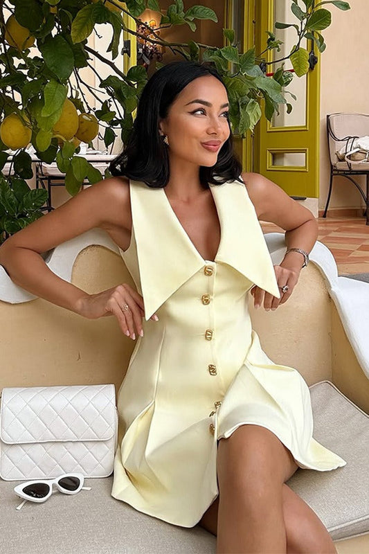 Simple Sleeveless Lapel Button Waist Mini Dress
