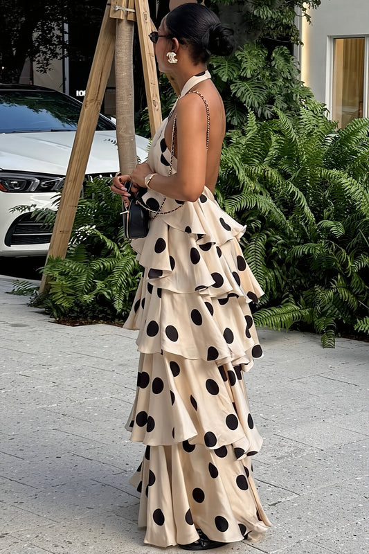 Knit Polka Dot Halter Backless Ruffle Maxi Dress