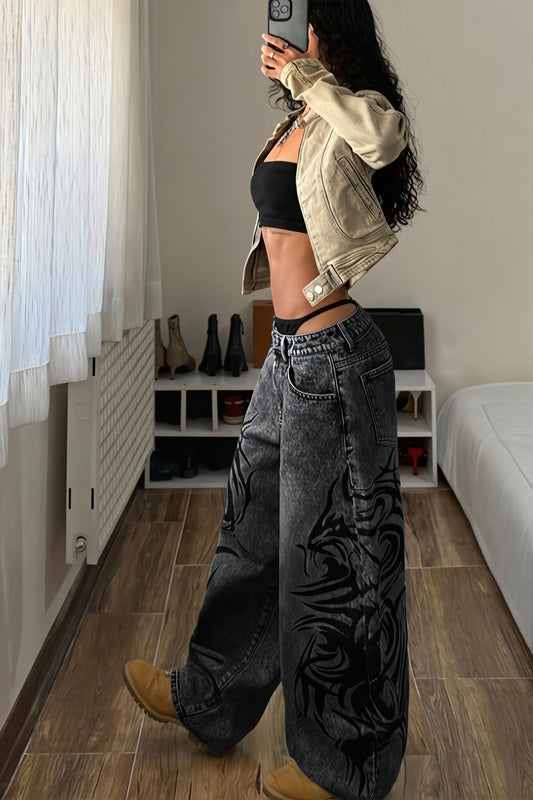 Vintage Printed Loose Straight Jeans
