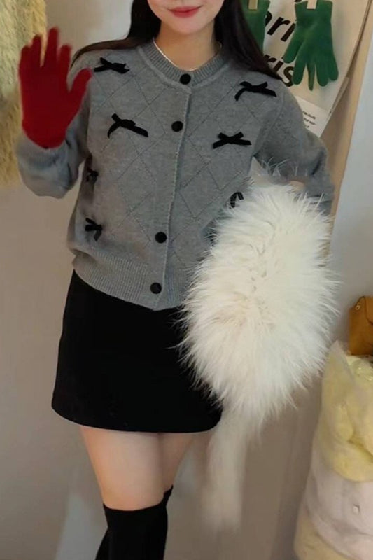 Bow Detail Round Neck Knit Cardigan
