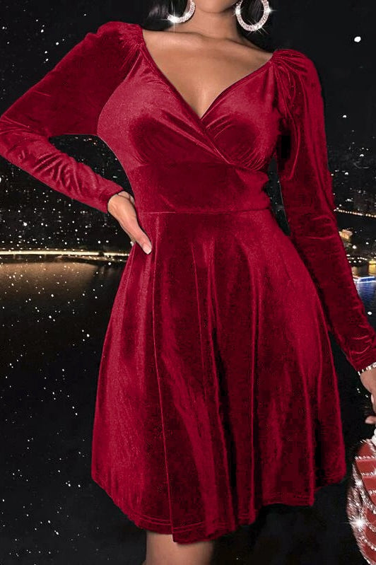 Velvet Solid Long Sleeve V-neck Midi Dress
