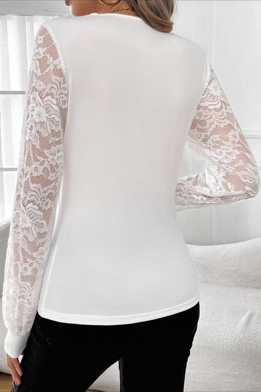 Rhinestone Lace Sleeve V Neck Top