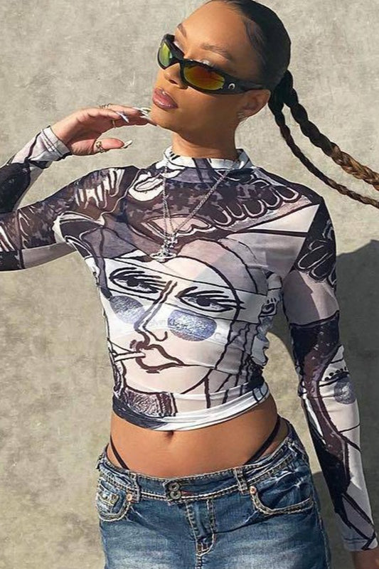 Sexy Sheer Mesh Print Round Neck Long Sleeve Blouse