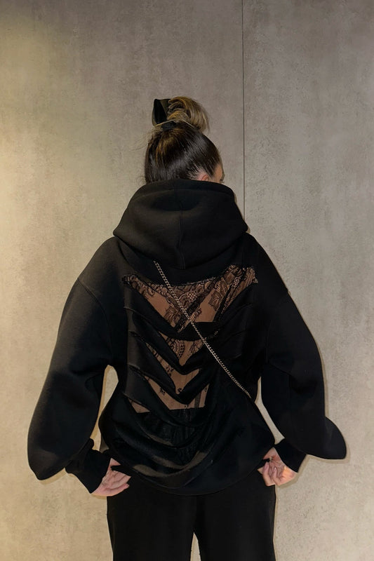 Lace Sheer Cutout Patchwork Hoodie