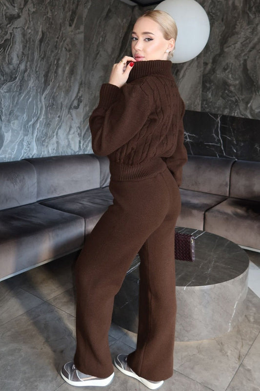 Cable Knit Zip Top Straight Pants Set