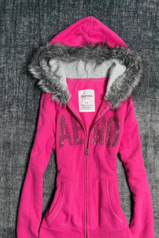 Faux Fur Rhinestone Fitted Zip Hoodie