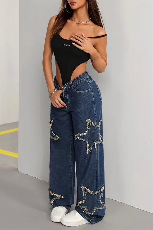 Patch Star Fringe Raw Hem Loose Straight Jeans