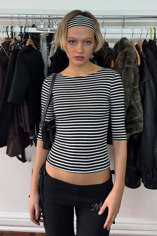 Vintage Color Block Stripe Jacquard Fitted Knit Blouse