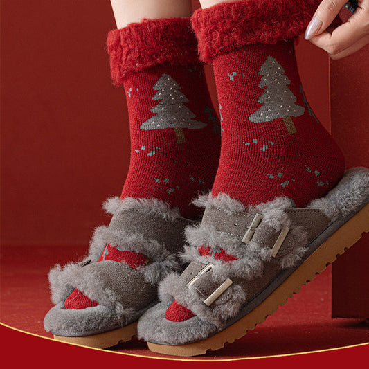 Plush Extra Thick Terry Red Mid Length Christmas Socks