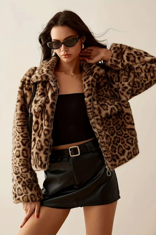 Fleece Leopard Print Notch Collar Short Coat