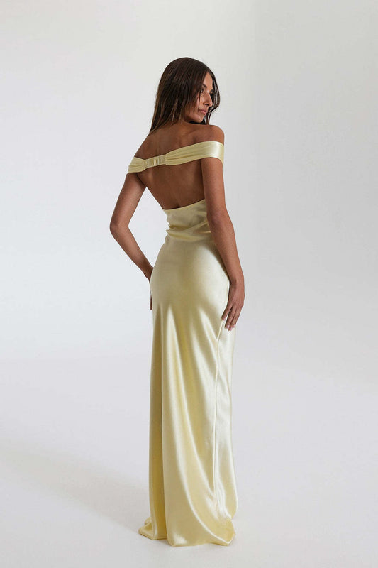 Vintage Satin Mermaid Off Shoulder Maxi Dress