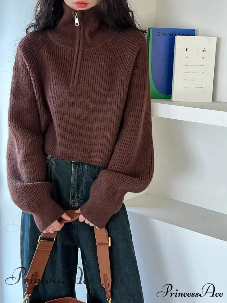 100% Cashmere Semi-TurtleNeck Loose Thick Red Knit Christmas Sweater Brown / S