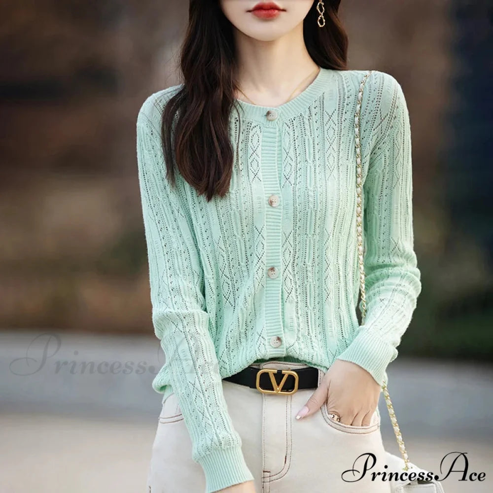 100% Cotton Sleek O-Neck Knitted Cardigan Mint / S cardiagn-250126