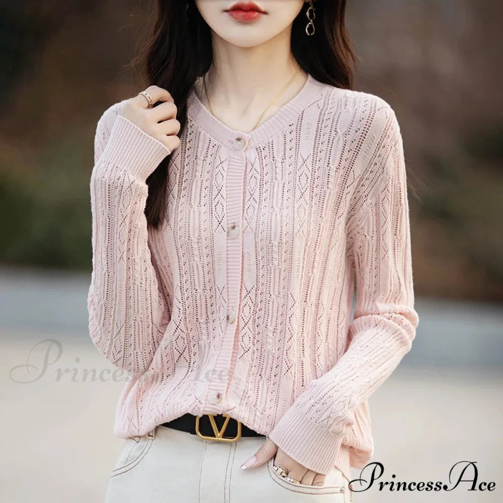 100% Cotton Sleek O-Neck Knitted Cardigan Pink / S cardiagn-250126