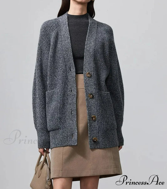 100% Merino Wool V-Neck Thicken Cardigan gray / M