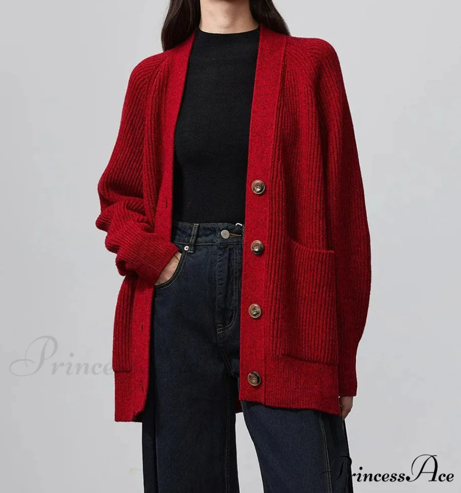 100% Merino Wool V-Neck Thicken Cardigan red / M