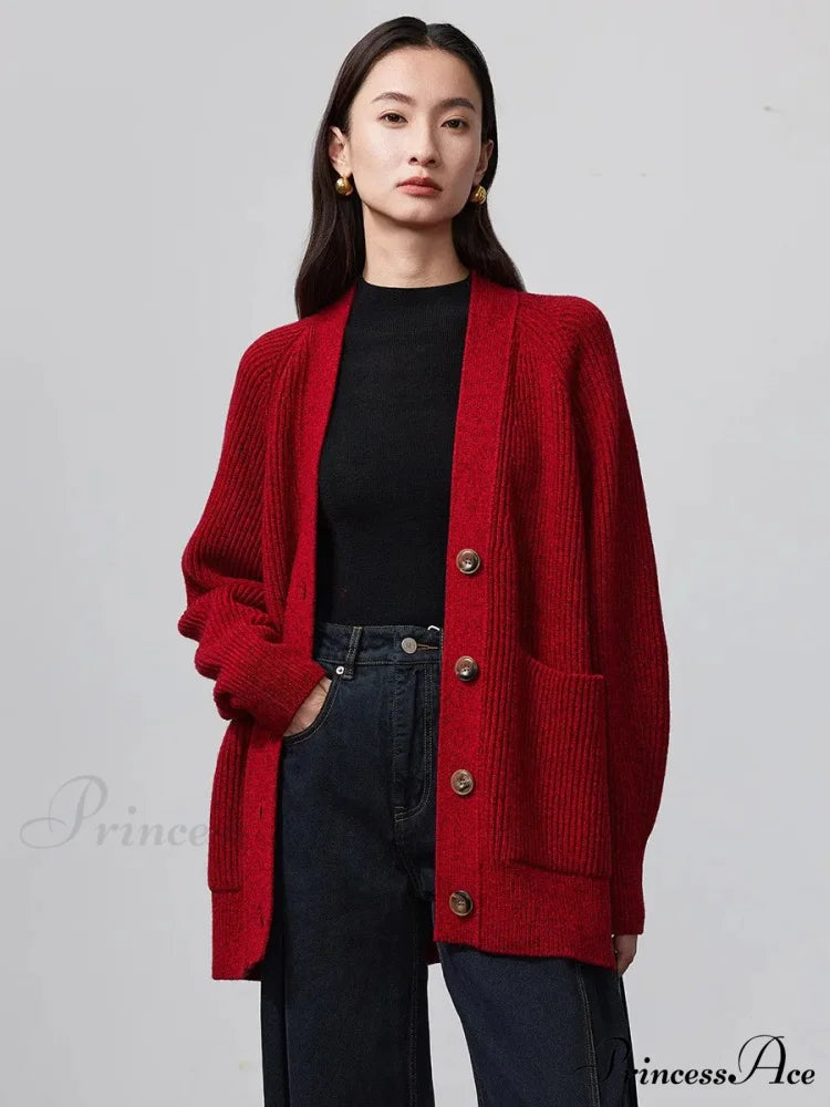 100% Merino Wool V-Neck Thicken Cardigan red / XL