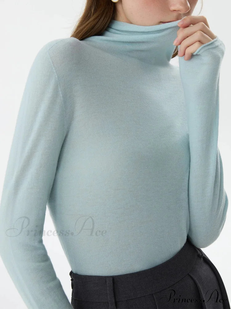 100% Wool High Neck Slim Wool Jumper Blue / S swraters-241228