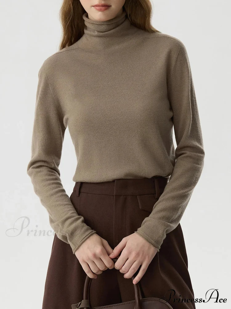 100% Wool High Neck Slim Wool Jumper Coffee color / S swraters-241228