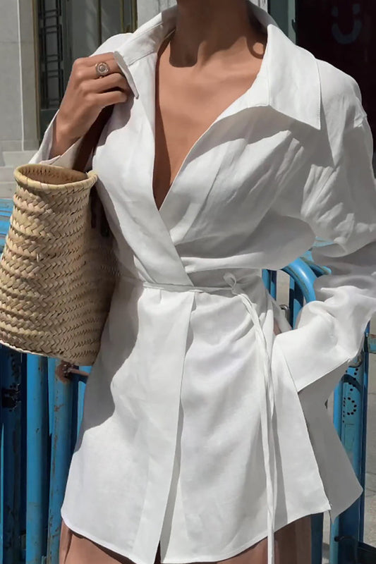 White Long Sleeve Tie Front Linen Blouse