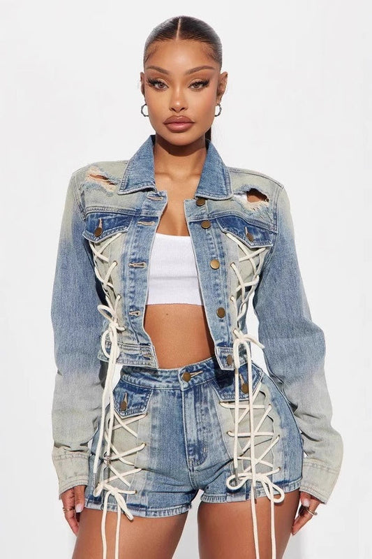 Trendy Jacket Two Piece Shorts Set