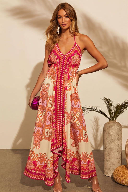 Halter Floral Asym Maxi Boho Dress