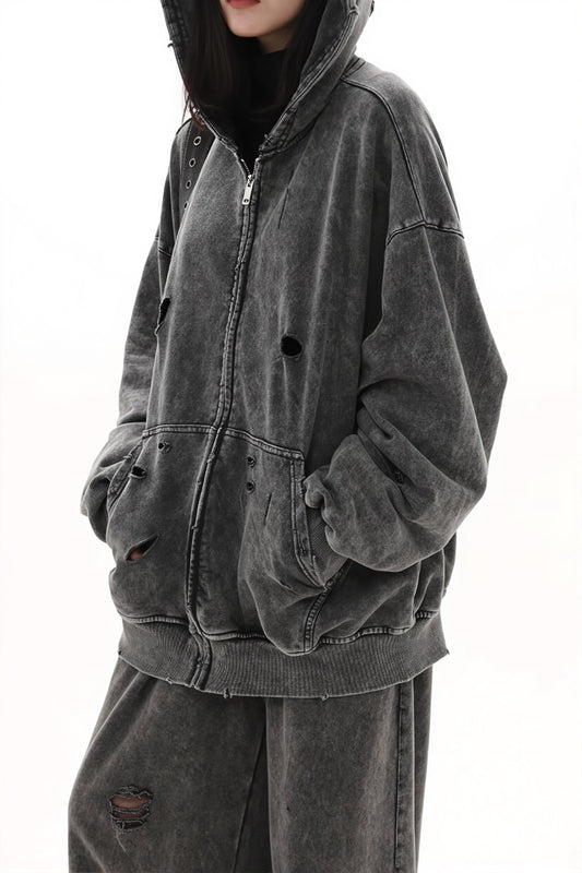 Solid Washed Distressed Hoodie