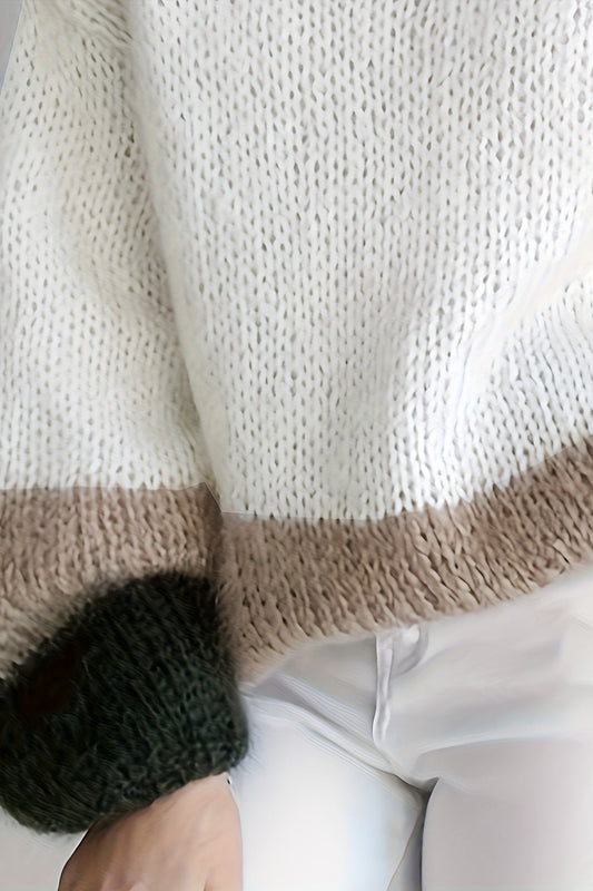 Soft Colorblock Crew Neck Puffy Knit Elegant Sweater