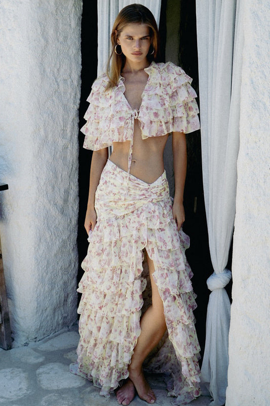 Ruffled Tiered Split Cake Skirt Two Piece Set