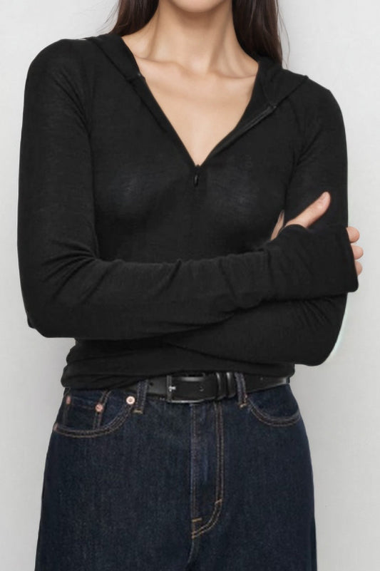 Casual Hooded Half Zip Knit Top