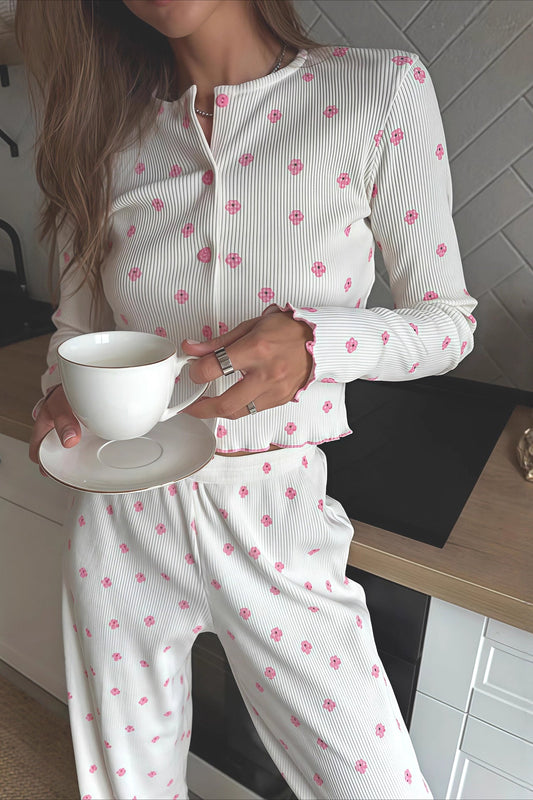 Ruffled Floral Long Sleeve Pants Loungewear Two Piece Set
