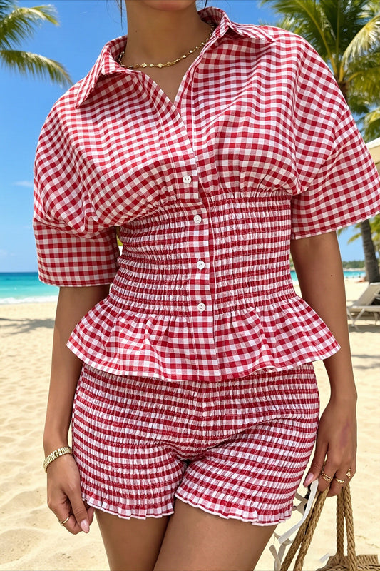 Chic Plaid Lapel Puff Sleeve Slim Ruffle Short Two Piece Set