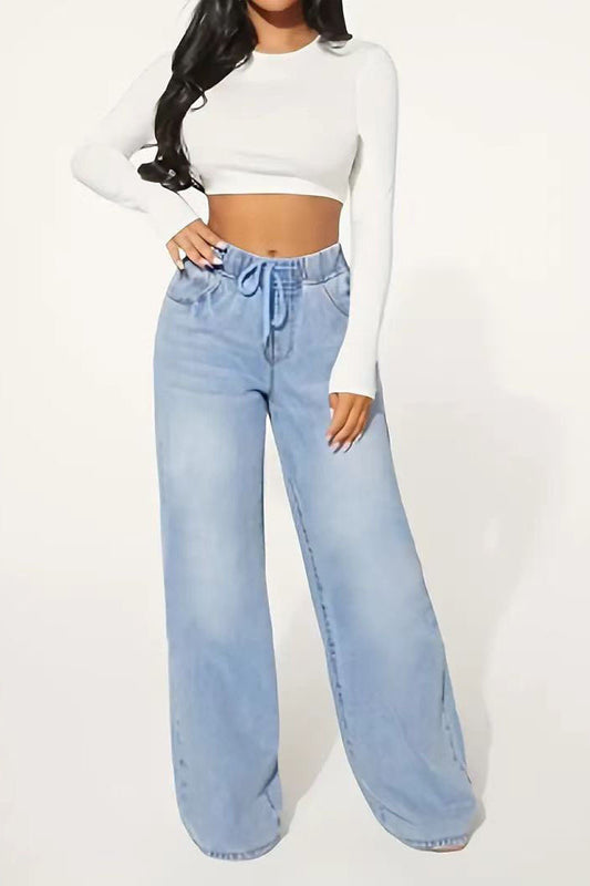 Drawstring High Waist Wide Leg Jean