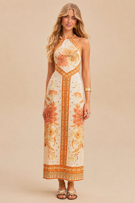 Halter Hollow Floral Maxi Boho Dress