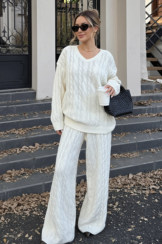 Solid Cable Knit V Neck Sweater Pants Set