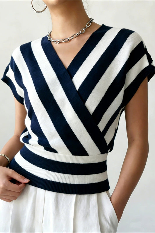 Striped Wrap Waist Short Sleeve Cardigans
