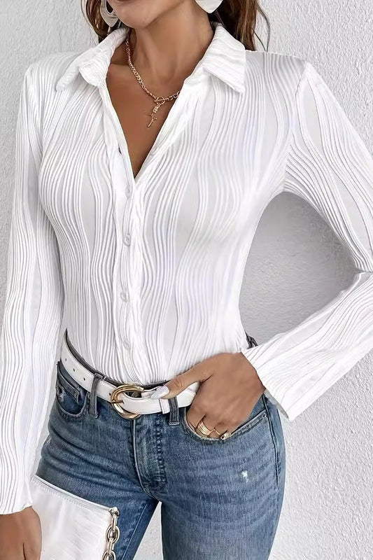 Ribbed Solid Color Fitted Blouse