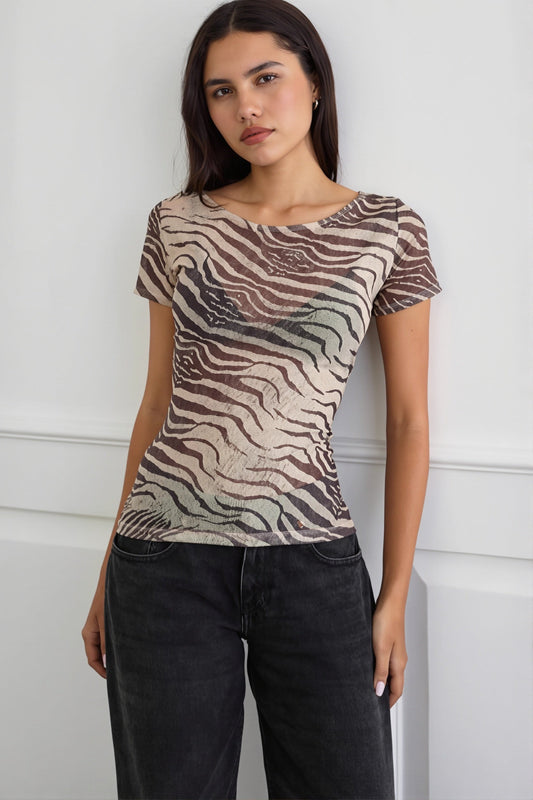 Animal Print Mesh Sheer T-shirt