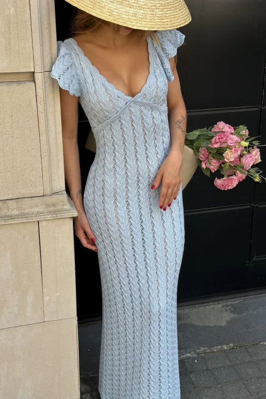 Ruffled Knit Backless V-Neck Boho Dress