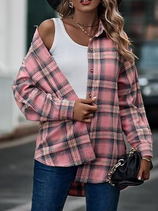 Plaid Oversized Button-Up Blouse