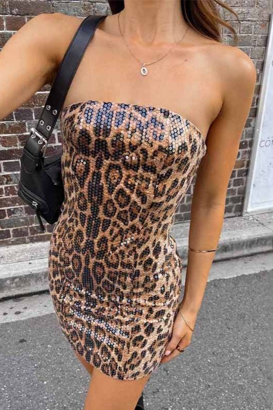 Strapless Leopard Sequin Bodycon Mini Dress